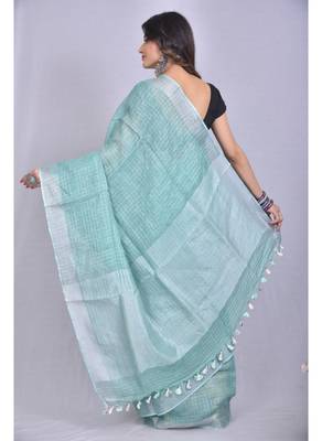 Handmade bhagalpuri linen saree with zari checks in teal shade with blouse piece 3