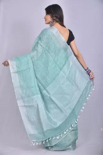 Handmade bhagalpuri linen saree with zari checks in teal shade with blouse piece