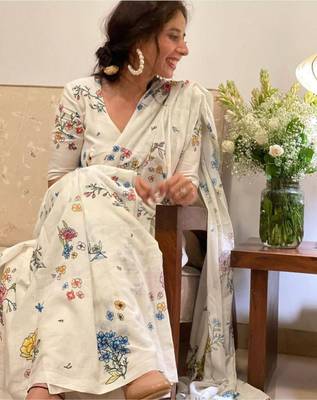 White Linen Cotton Print Saree 2