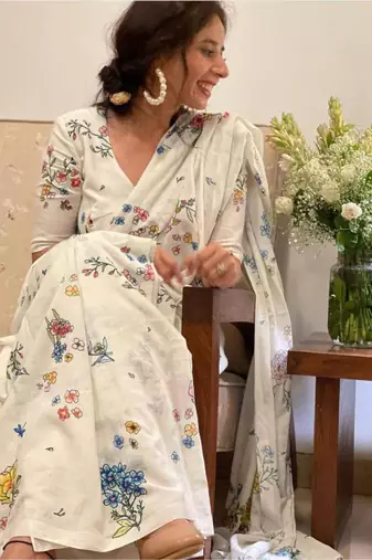 White Linen Cotton Print Saree