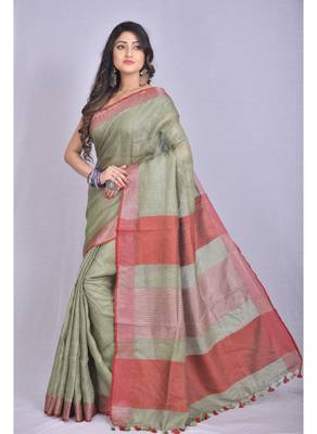 Handmade bhagalpuri linen saree in green shade with blouse piece 2