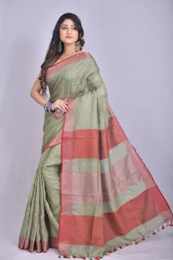 Handmade bhagalpuri linen saree in green shade with blouse piece