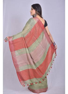 Handmade bhagalpuri linen saree in green shade with blouse piece 3