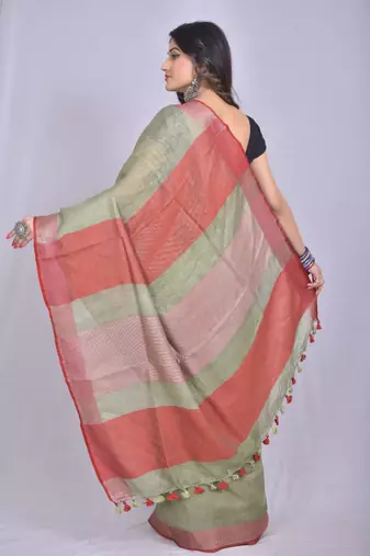 Handmade bhagalpuri linen saree in green shade with blouse piece