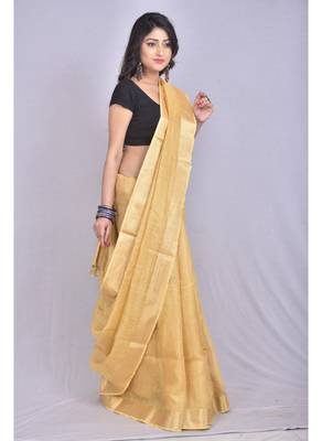 Handmade bhagalpuri tissue linen saree in golden shade with blouse piece 2