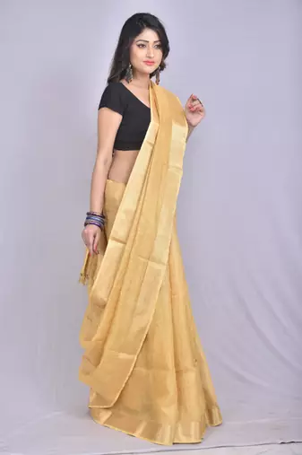 Handmade bhagalpuri tissue linen saree in golden shade with blouse piece