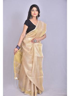 Handmade bhagalpuri tissue linen saree in beige shade with blouse piece 2
