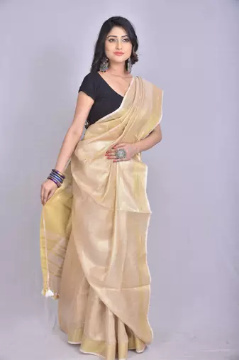 Handmade bhagalpuri tissue linen saree in beige shade with blouse piece