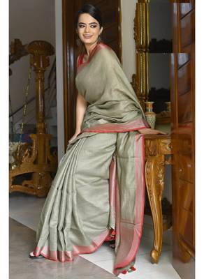 Handmade bhagalpuri linen saree with contrast border in ash green shade with blouse piece 2