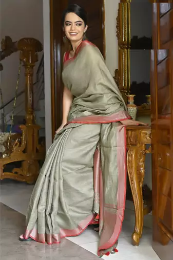 Handmade bhagalpuri linen saree with contrast border in ash green shade with blouse piece