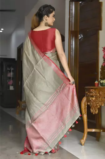 Handmade bhagalpuri linen saree with contrast border in ash green shade with blouse piece