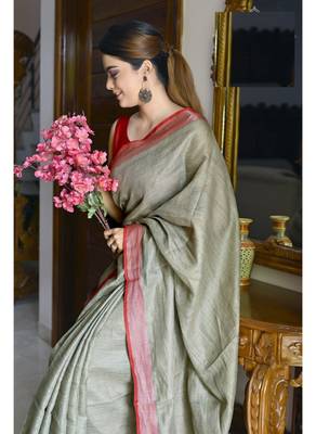 Handmade bhagalpuri linen saree with contrast border in ash green shade with blouse piece 4
