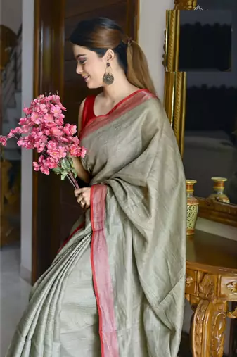 Handmade bhagalpuri linen saree with contrast border in ash green shade with blouse piece