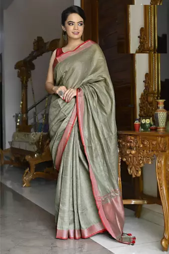 Handmade bhagalpuri linen saree with contrast border in ash green shade with blouse piece