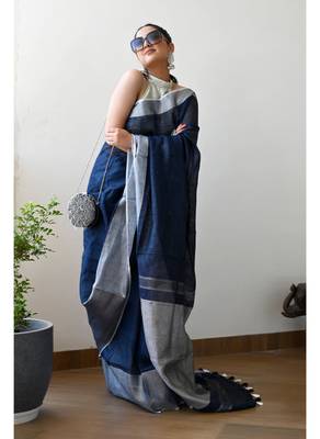 Handmade bhagalpuri linen saree with contrast border in royal blue shade with blouse piece 2
