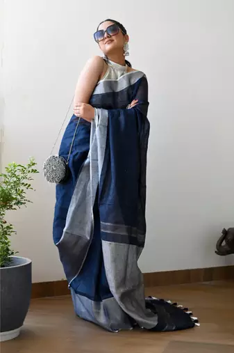 Handmade bhagalpuri linen saree with contrast border in royal blue shade with blouse piece