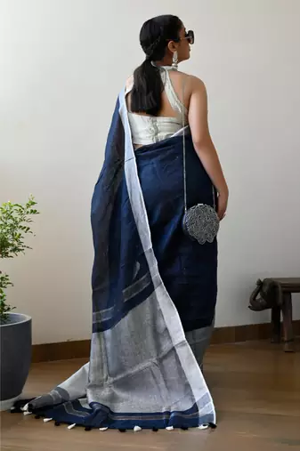 Handmade bhagalpuri linen saree with contrast border in royal blue shade with blouse piece