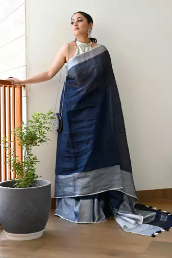 Handmade bhagalpuri linen saree with contrast border in royal blue shade with blouse piece
