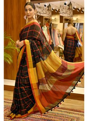 Handmade bhagalpuri linen saree with zari check in black shade with blouse piece 2