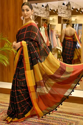 Handmade bhagalpuri linen saree with zari check in black shade with blouse piece