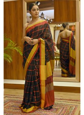 Handmade bhagalpuri linen saree with zari check in black shade with blouse piece 3