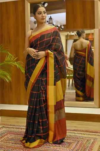 Handmade bhagalpuri linen saree with zari check in black shade with blouse piece