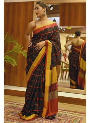 Handmade bhagalpuri linen saree with zari check in black shade with blouse piece 4