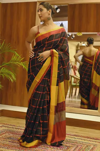 Handmade bhagalpuri linen saree with zari check in black shade with blouse piece