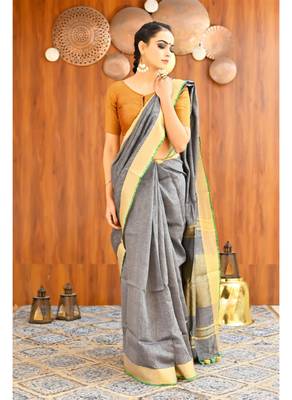 Handmade bhagalpuri linen saree with contrast border in grey shade with blouse piece 2