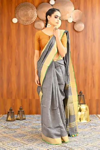 Handmade bhagalpuri linen saree with contrast border in grey shade with blouse piece