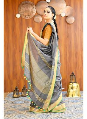 Handmade bhagalpuri linen saree with contrast border in grey shade with blouse piece 3