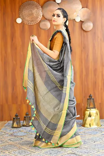 Handmade bhagalpuri linen saree with contrast border in grey shade with blouse piece