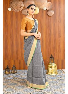 Handmade bhagalpuri linen saree with contrast border in grey shade with blouse piece 4