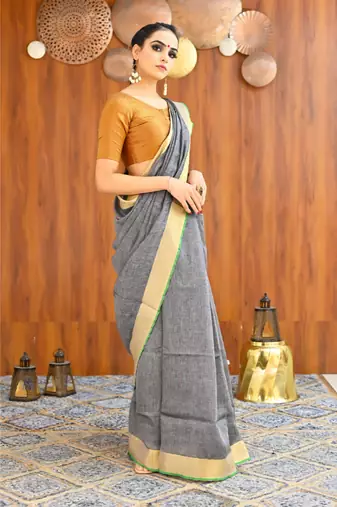 Handmade bhagalpuri linen saree with contrast border in grey shade with blouse piece
