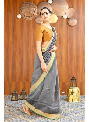 Handmade bhagalpuri linen saree with contrast border in grey shade with blouse piece 5