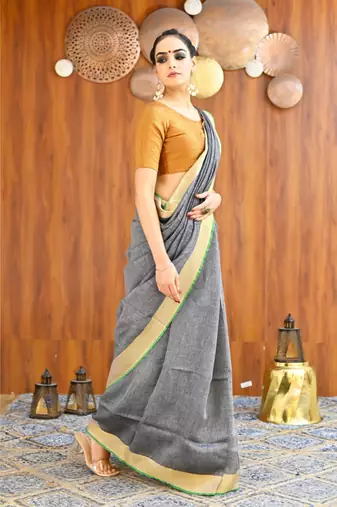 Handmade bhagalpuri linen saree with contrast border in grey shade with blouse piece