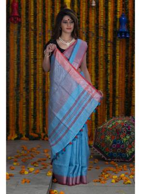 Handmade bhagalpuri linen saree with contrast border in blue shade with blouse piece 2