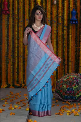 Handmade bhagalpuri linen saree with contrast border in blue shade with blouse piece