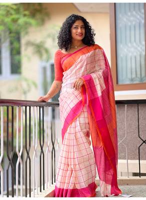 Handmade bhagalpuri linen saree with checks in light babt pink shade with blouse piece 2
