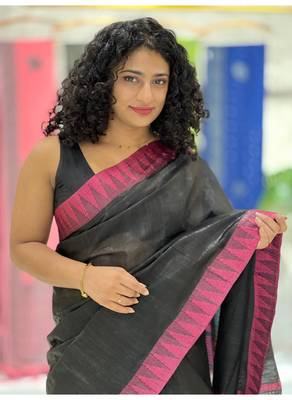 Handmade bhagalpuri kota viscose saree with contrast border in black shade with blouse piece 2