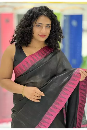 Handmade bhagalpuri kota viscose saree with contrast border in black shade with blouse piece