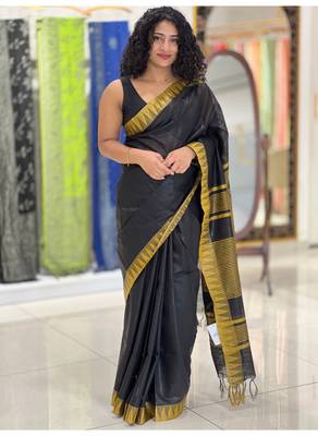 Handmade bhagalpuri kota viscose saree with contrast border in black shade with blouse piece 2