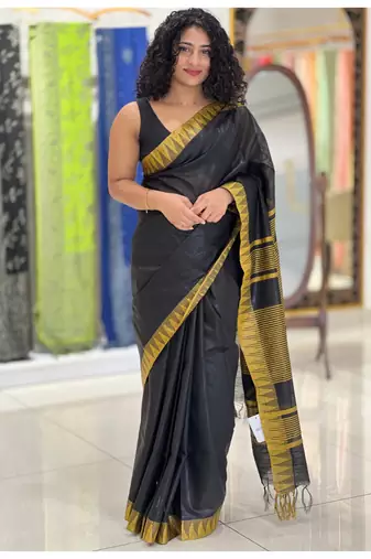Handmade bhagalpuri kota viscose saree with contrast border in black shade with blouse piece