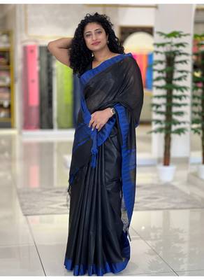 Handmade bhagalpuri kota visocse with contrast border in black shade with blouse piece 2