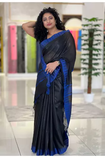 Handmade bhagalpuri kota visocse with contrast border in black shade with blouse piece