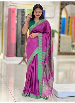 Handmade bhagalpuri kota viscose with contrast border in pink shade with blouse piece 2
