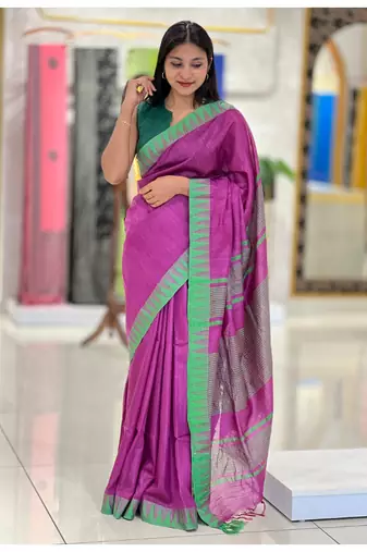 Handmade bhagalpuri kota viscose with contrast border in pink shade with blouse piece