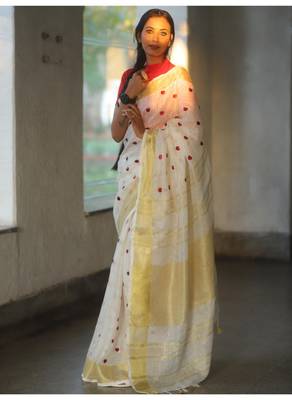 Handmade bhagalpuri embroidered linen saree in white shade with blouse piece 2
