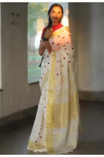 Handmade bhagalpuri embroidered linen saree in white shade with blouse piece