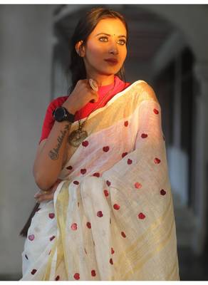 Handmade bhagalpuri embroidered linen saree in white shade with blouse piece 3